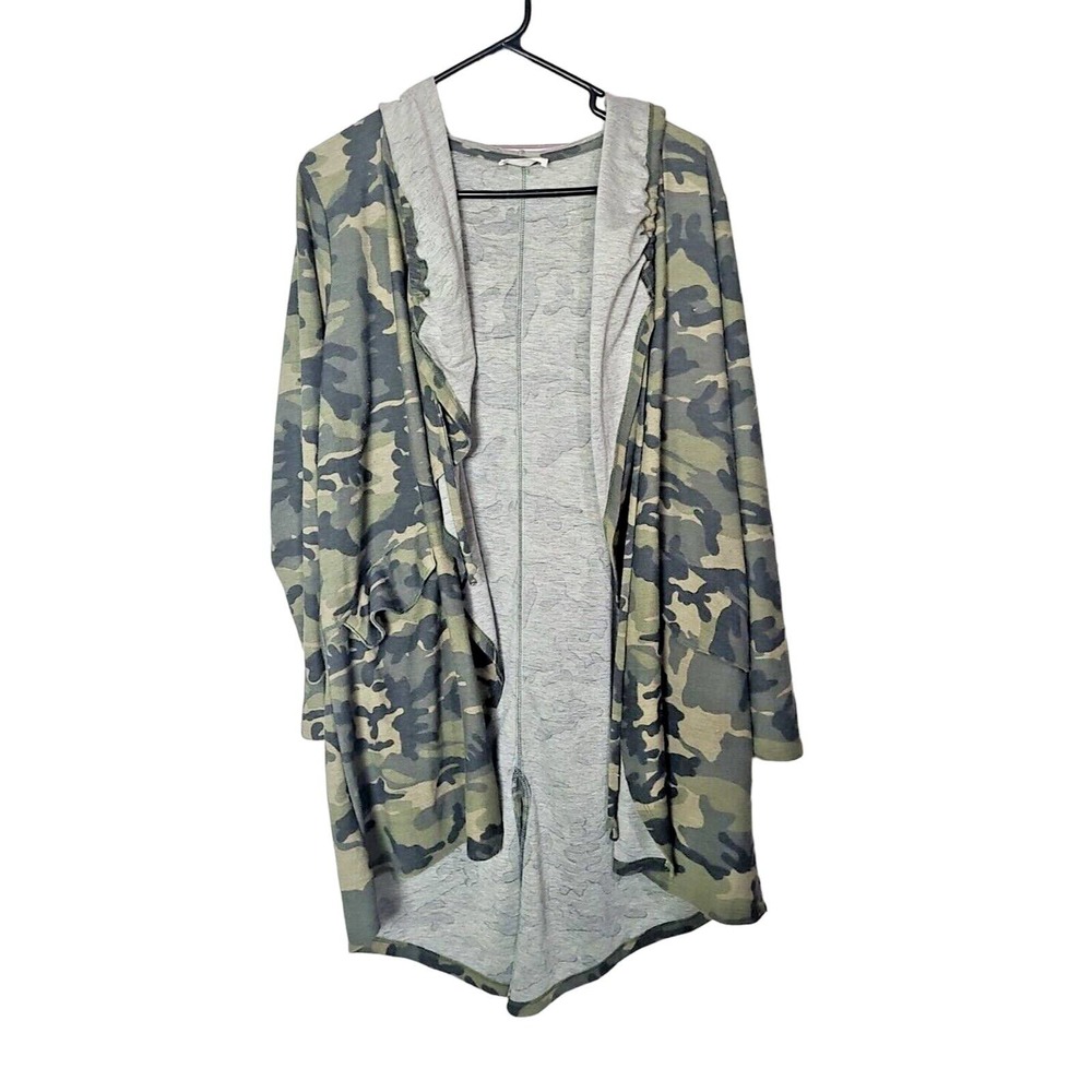 Emilia Olive Green Gray Camo Open Cardigan Hoodie Sweater‎ Womans Size Medium